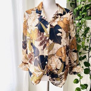 Alfred Dunner Brown & Tan Floral Tropical Lightweight Front Tie Blouse ~ Size 14